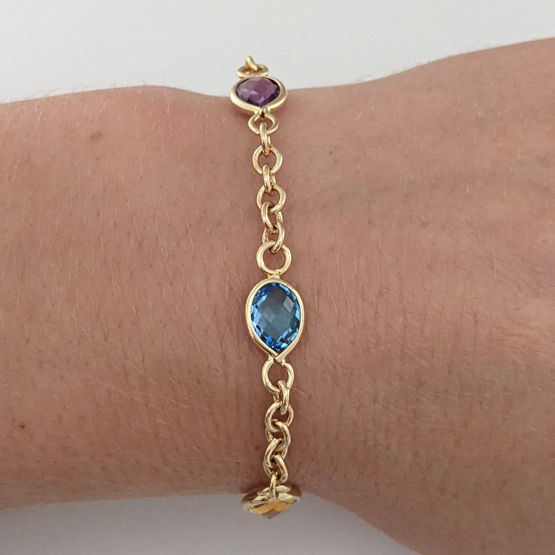14K PERIDOT, AMETHYST, BLUE TOPAZ, CITRINE, GARNET OVAL 6X8 BEZEL LINK ESTATE BRACELET 6.2 GRAMS