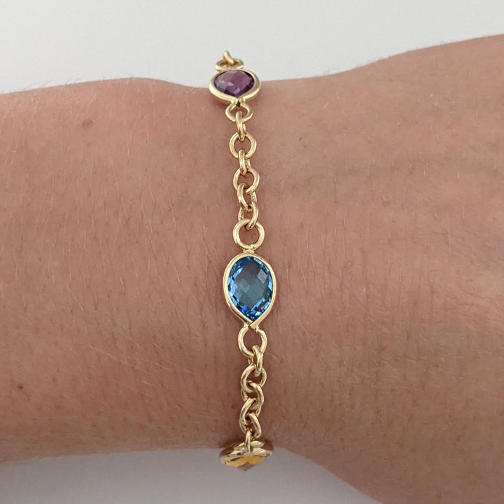 14K PERIDOT, AMETHYST, BLUE TOPAZ, CITRINE, GARNET OVAL 6X8 BEZEL LINK ESTATE BRACELET 6.2 GRAMS