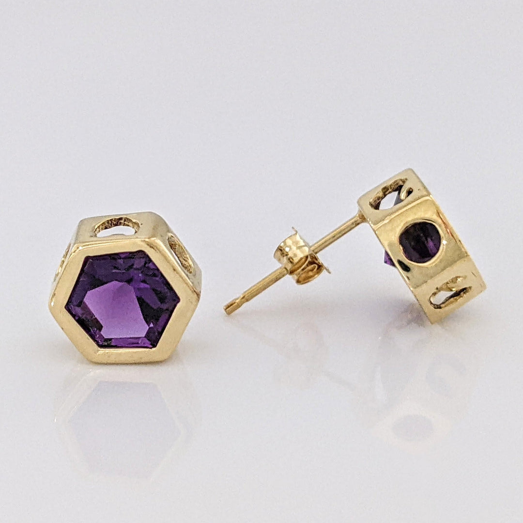 14K AMETHYST HEXAGON 7MM ESTATE BEZEL EARRINGS 2.1 GRAMS