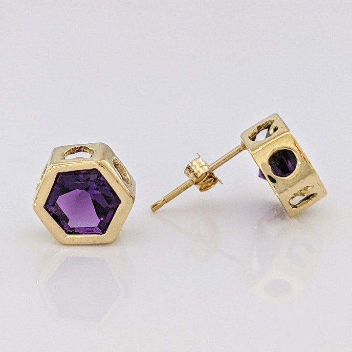 14K AMETHYST HEXAGON 7MM ESTATE BEZEL EARRINGS 2.1 GRAMS