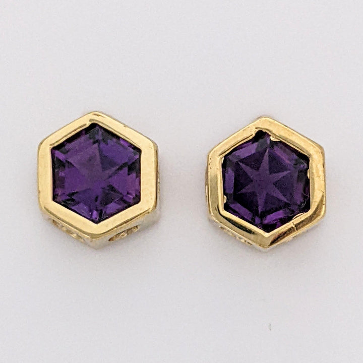 14K AMETHYST HEXAGON 7MM ESTATE BEZEL EARRINGS 2.1 GRAMS