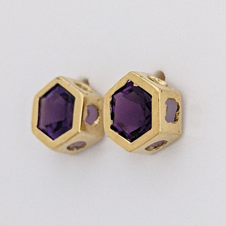 14K AMETHYST HEXAGON 7MM ESTATE BEZEL EARRINGS 2.1 GRAMS