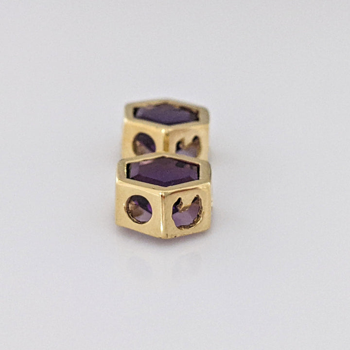 14K AMETHYST HEXAGON 7MM ESTATE BEZEL EARRINGS 2.1 GRAMS