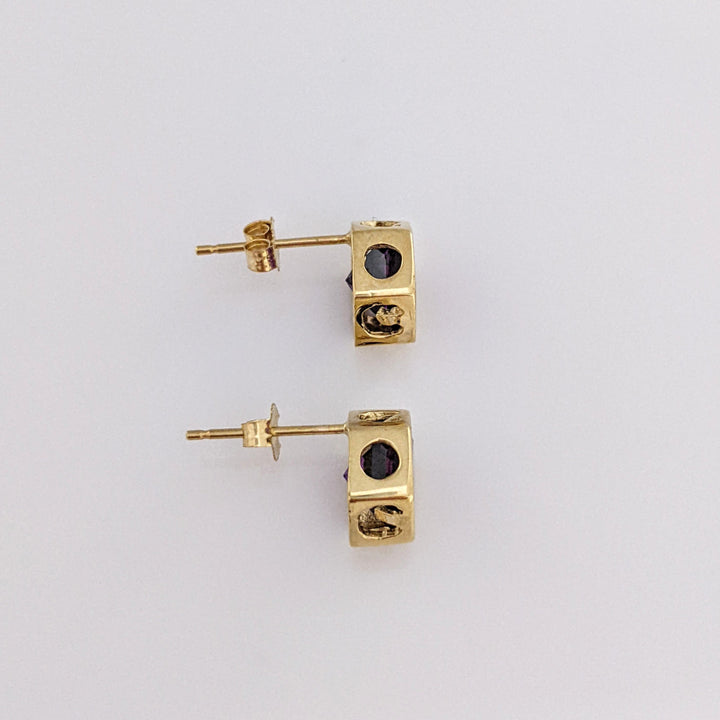 14K AMETHYST HEXAGON 7MM ESTATE BEZEL EARRINGS 2.1 GRAMS