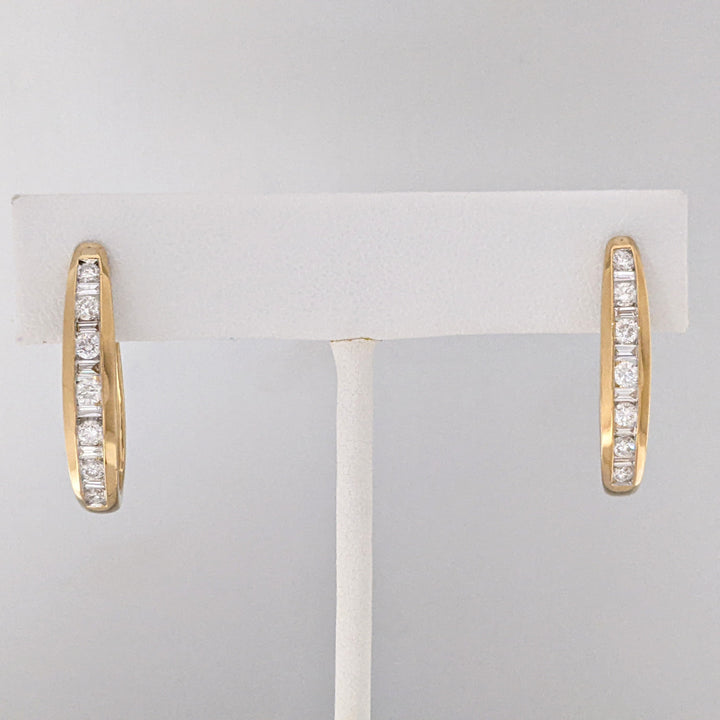 14K 1.00 CARAT TOTAL WEIGHT SI2 I DIAMOND ROUND (14) BAGUETTE (6) HOOP ESTATE EARRINGS 5.7 GRAMS