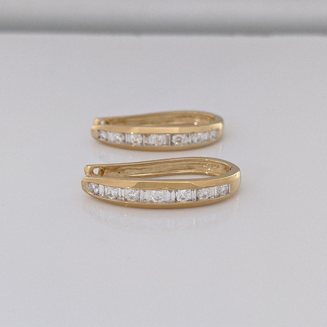 14K 1.00 CARAT TOTAL WEIGHT SI2 I DIAMOND ROUND (14) BAGUETTE (6) HOOP ESTATE EARRINGS 5.7 GRAMS