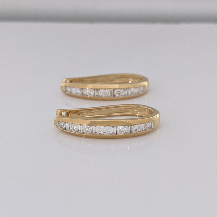 14K 1.00 CARAT TOTAL WEIGHT SI2 I DIAMOND ROUND (14) BAGUETTE (6) HOOP ESTATE EARRINGS 5.7 GRAMS