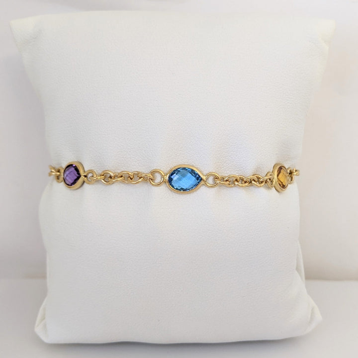 14K PERIDOT, AMETHYST, BLUE TOPAZ, CITRINE, GARNET OVAL 6X8 BEZEL LINK ESTATE BRACELET 6.2 GRAMS