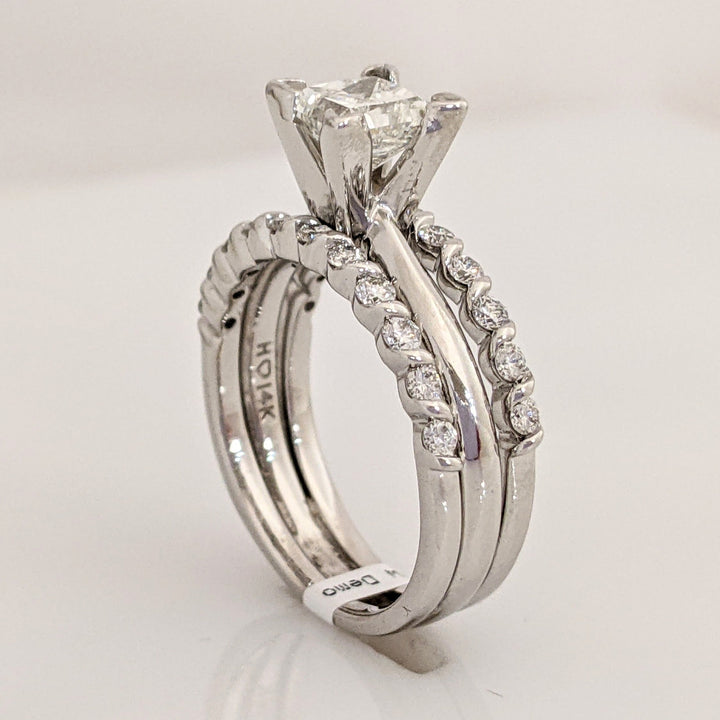 14K WHITE 1.50 CARAT TOTAL WEIGHT I1 H DIAMOND PRINCESS CUT WITH (22) ROUND ESTATE RING/ BANDS SET 5.2 GRAMS