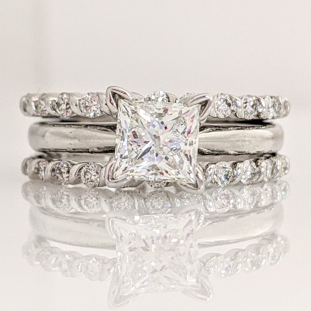 14K WHITE 1.50 CARAT TOTAL WEIGHT I1 H DIAMOND PRINCESS CUT WITH (22) ROUND ESTATE RING/ BANDS SET 5.2 GRAMS