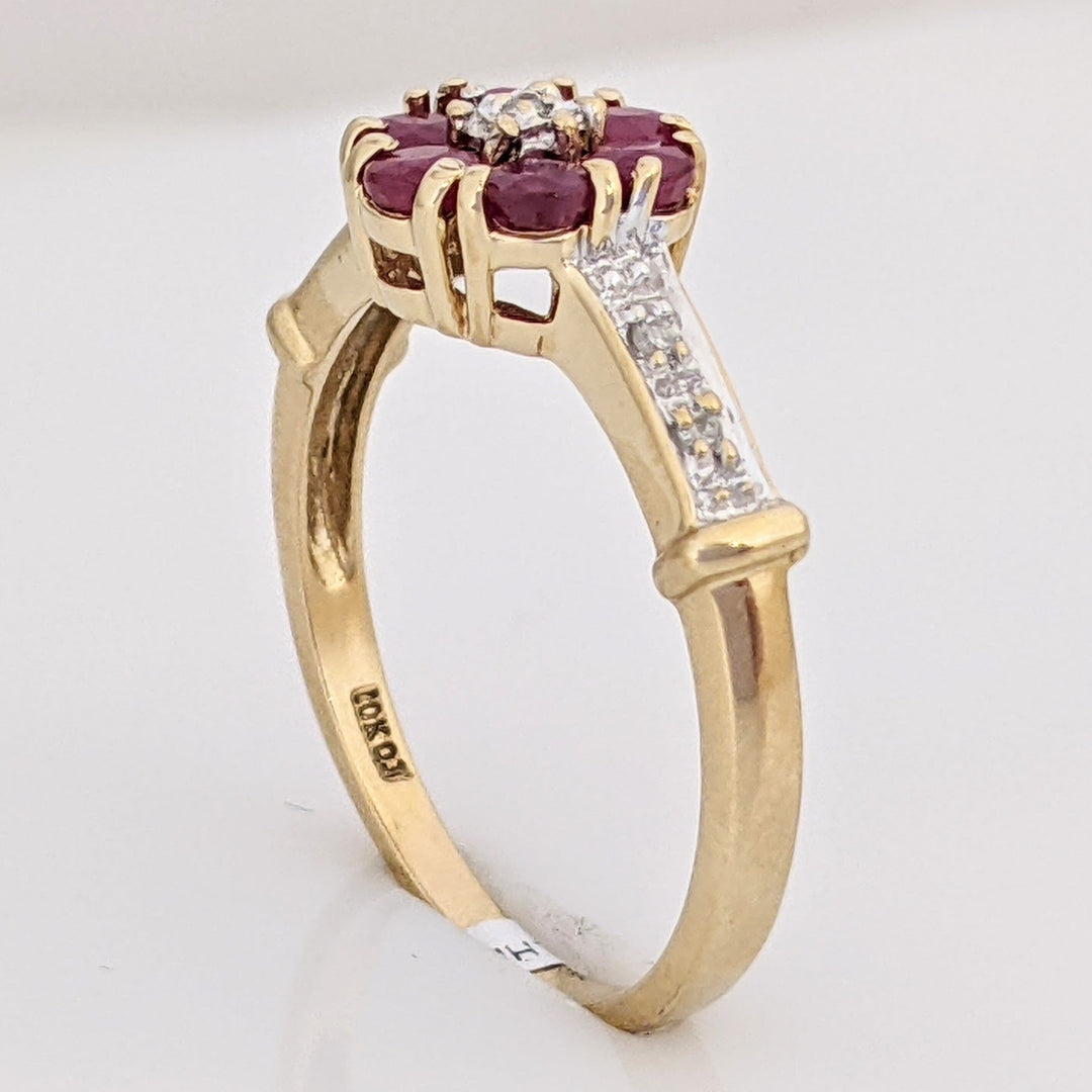 10K RUBY ROUND (6) 2.5MM WITH (5) MELEE ESTATE RING 2.3 GRAMS