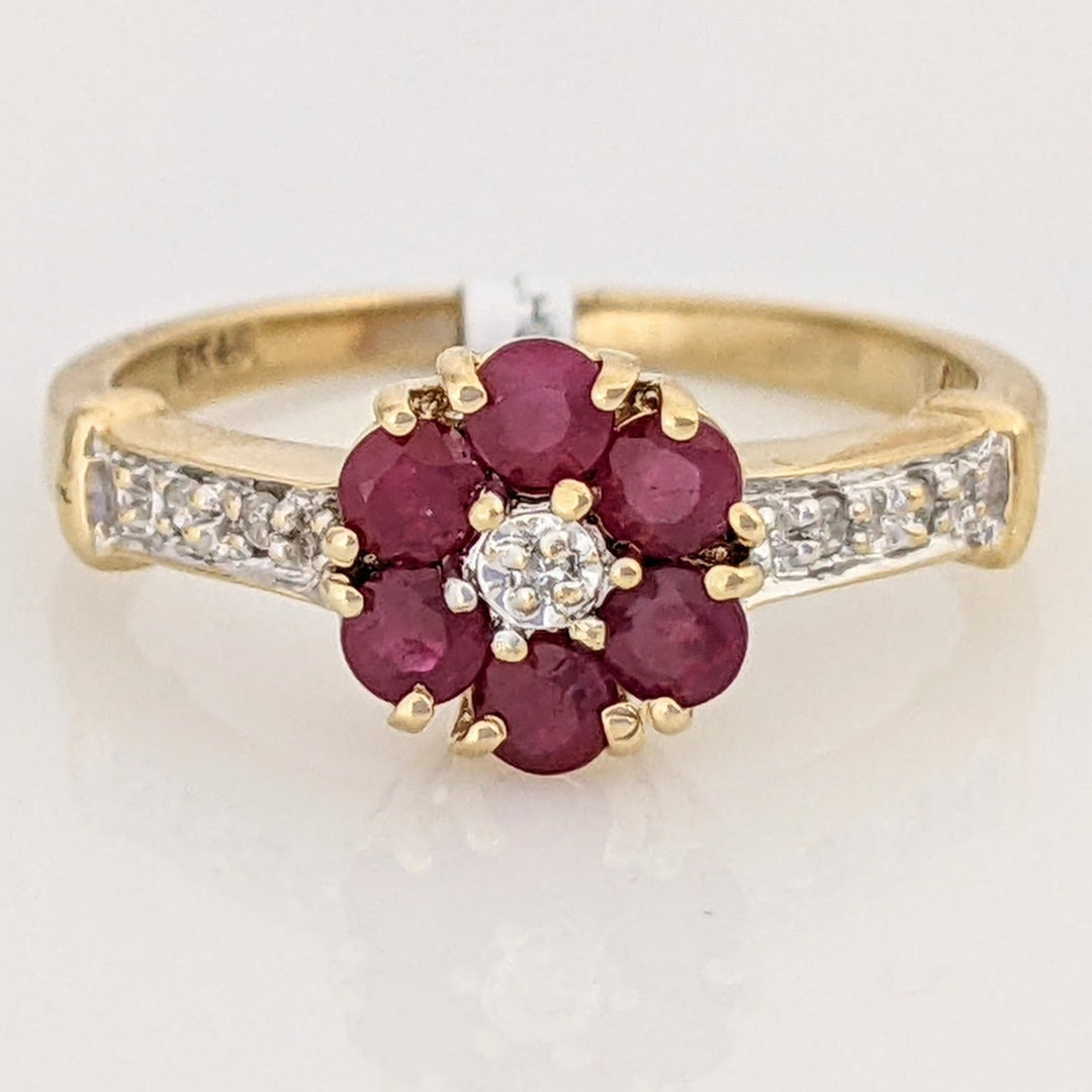 10K RUBY ROUND (6) 2.5MM WITH (5) MELEE ESTATE RING 2.3 GRAMS