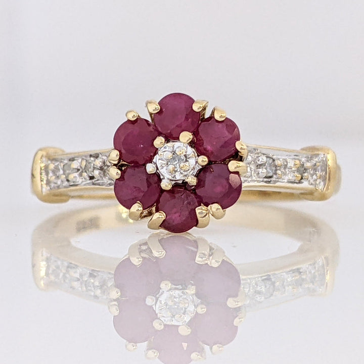 10K RUBY ROUND (6) 2.5MM WITH (5) MELEE ESTATE RING 2.3 GRAMS