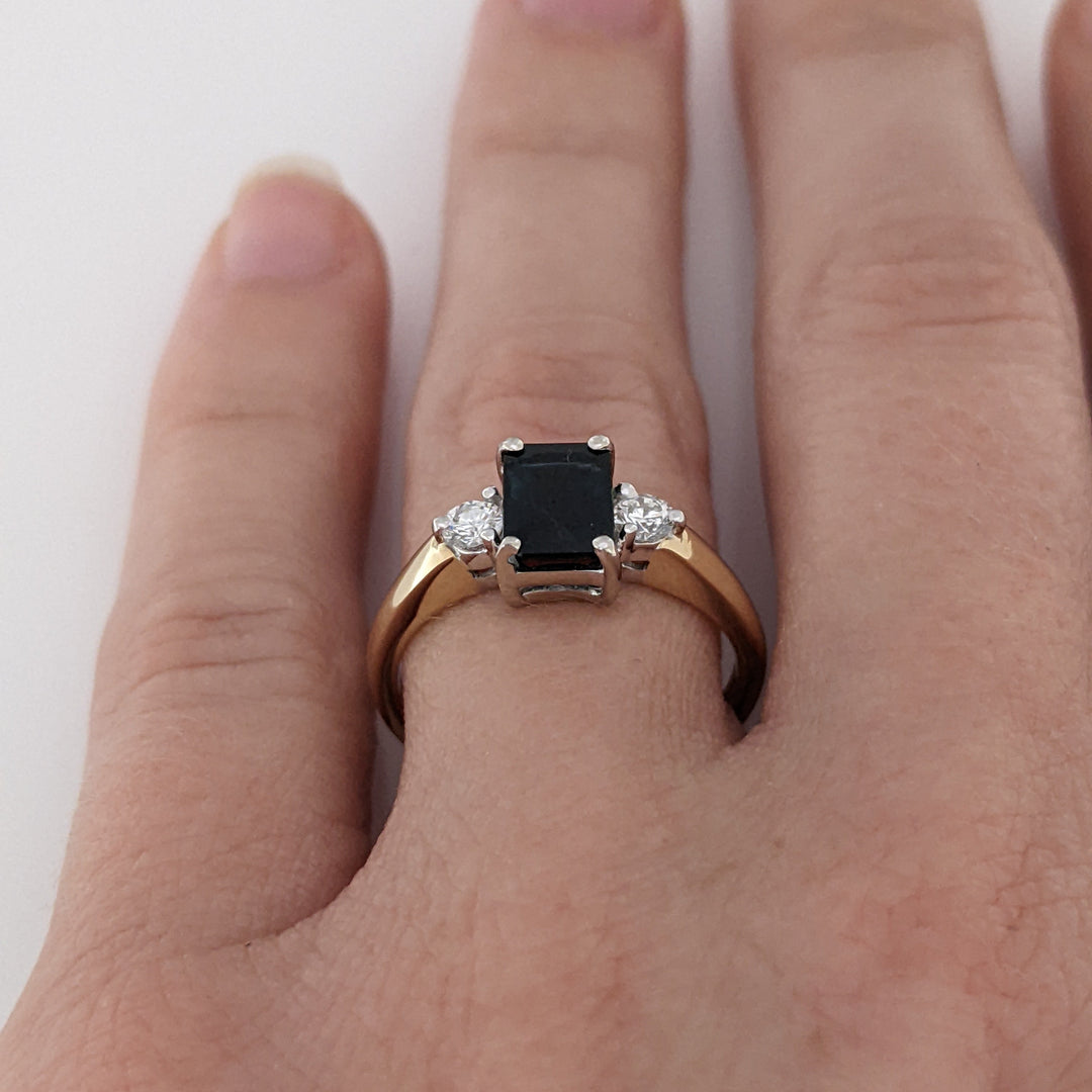 14K SAPPHIRE EMERALD CUT 5X7 WITH .16 CARAT TOTAL WEIGHT ESTATE RING 3.0 GRAMS