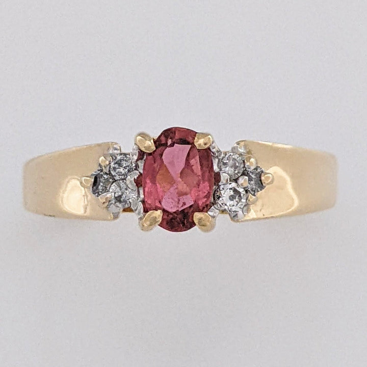 14K PINK TOURMALINE OVAL 4X6 WITH .15 DIAMOND TOTAL WEIGHT ESTATE RING 3.4 GRAMS