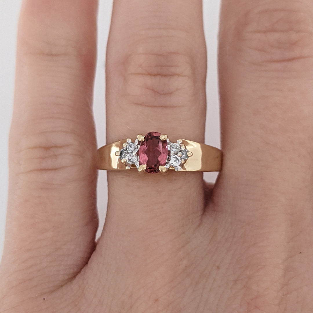 14K PINK TOURMALINE OVAL 4X6 WITH .15 DIAMOND TOTAL WEIGHT ESTATE RING 3.4 GRAMS