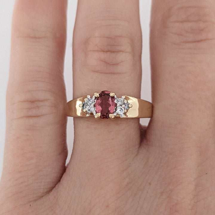 14K PINK TOURMALINE OVAL 4X6 WITH .15 DIAMOND TOTAL WEIGHT ESTATE RING 3.4 GRAMS