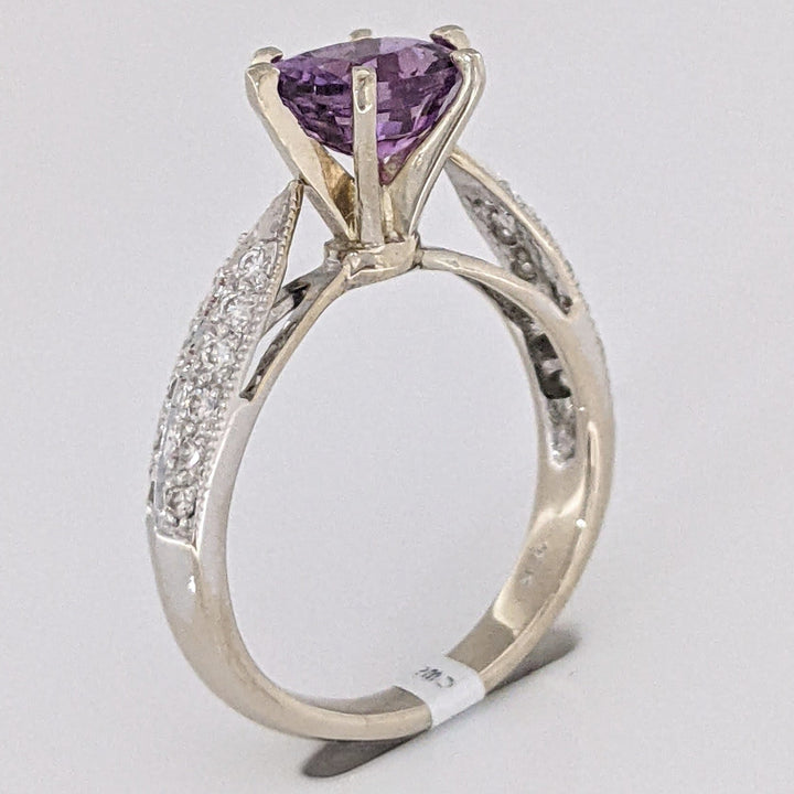18K WHITE PURPLE SAPPHIRE OVAL 6X8 WITH (24) MELEE ESTATE RING 3.8 GRAMS