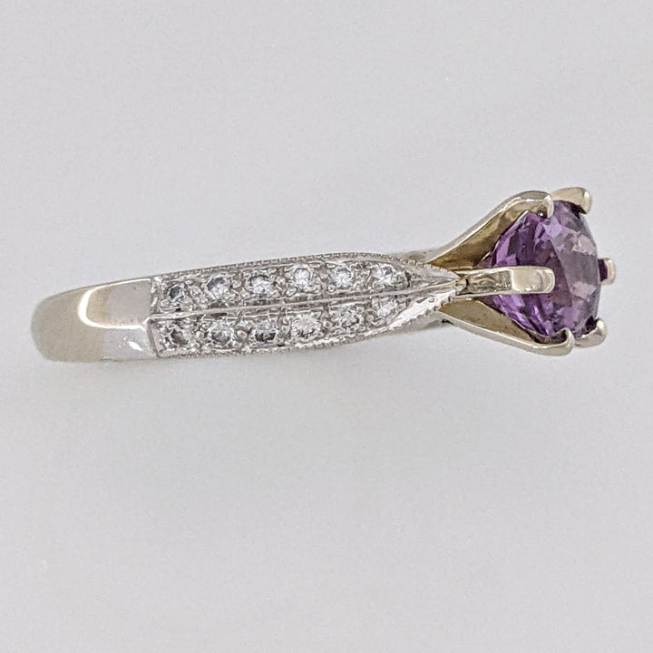 18K WHITE PURPLE SAPPHIRE OVAL 6X8 WITH (24) MELEE ESTATE RING 3.8 GRAMS