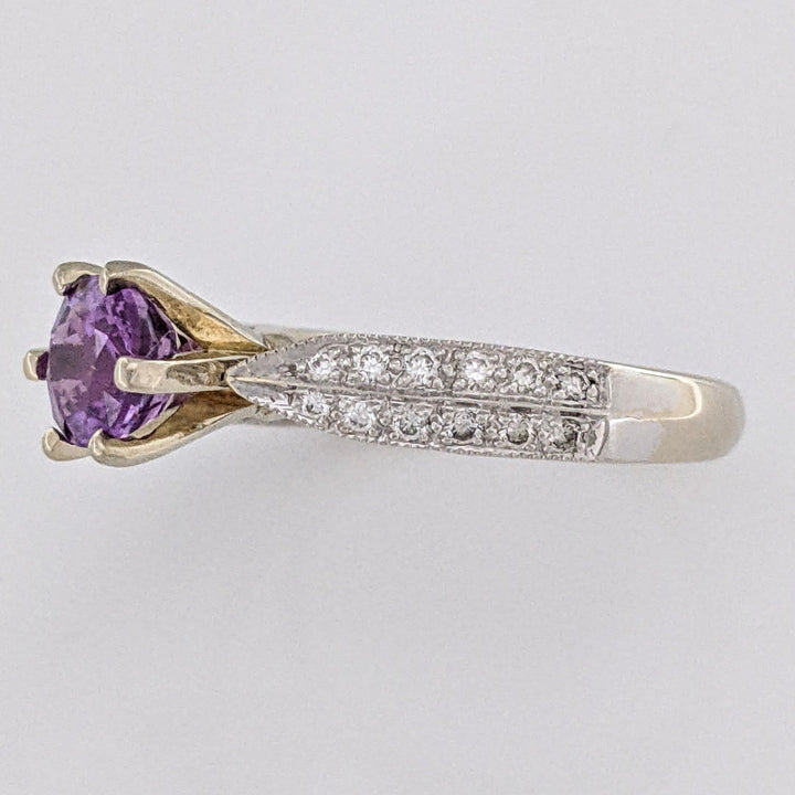 18K WHITE PURPLE SAPPHIRE OVAL 6X8 WITH (24) MELEE ESTATE RING 3.8 GRAMS