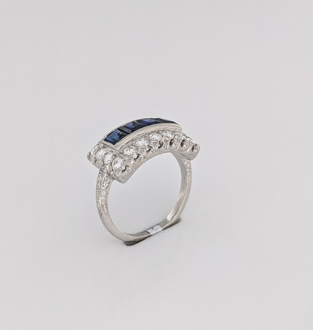 PLATINUM SAPPHIRE PRINCESS CUT (4) 3.5MM WITH .72 DIAMOND TOTAL WEIGHT ESTATE RING 5.5 GRAMS