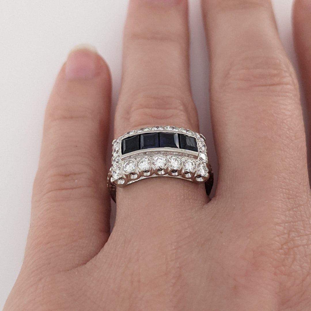 PLATINUM SAPPHIRE PRINCESS CUT (4) 3.5MM WITH .72 DIAMOND TOTAL WEIGHT ESTATE RING 5.5 GRAMS