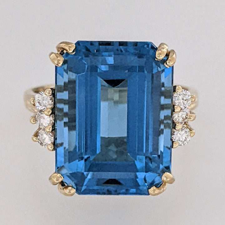 14K LONDON BLUE TOPAZ EMERALD CUT 12X16 WITH (6) MELEE ESTATE RING 6.9 GRAMS