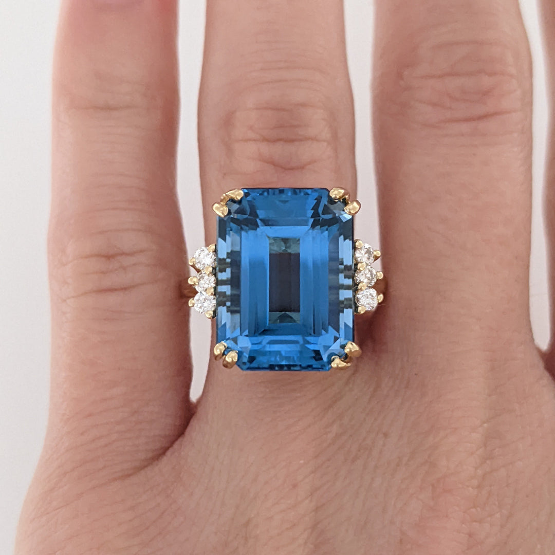 14K LONDON BLUE TOPAZ EMERALD CUT 12X16 WITH (6) MELEE ESTATE RING 6.9 GRAMS