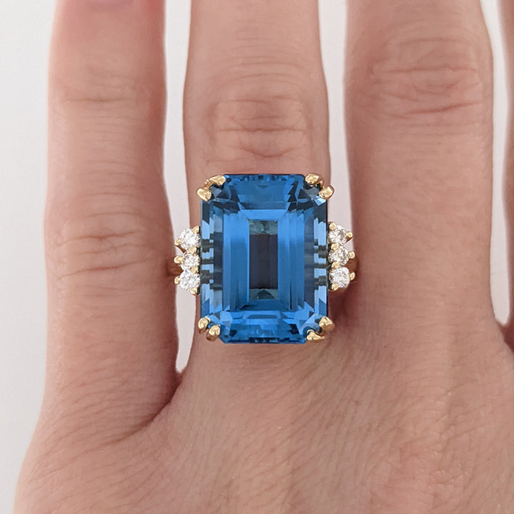 14K LONDON BLUE TOPAZ EMERALD CUT 12X16 WITH (6) MELEE ESTATE RING 6.9 GRAMS
