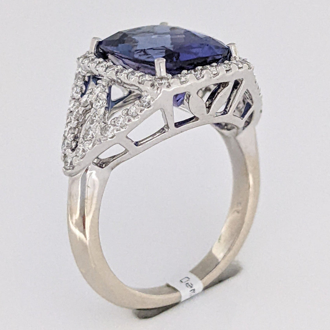 14K WHITE TANZANITE "AA" CUSHION CUT 9X11 WITH .52 DIAMOND TOTAL WEIGHT ESTATE RING 5.3 GRAMS