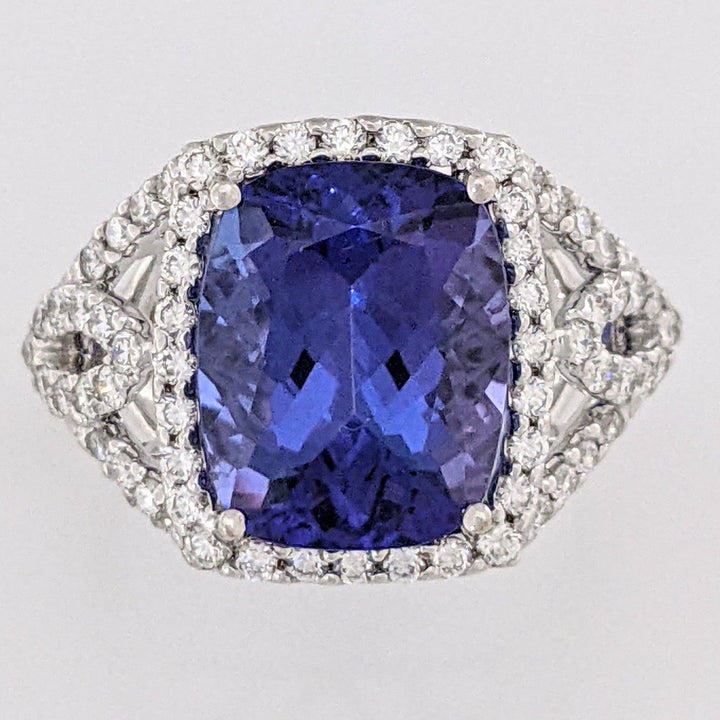 14K WHITE TANZANITE "AA" CUSHION CUT 9X11 WITH .52 DIAMOND TOTAL WEIGHT ESTATE RING 5.3 GRAMS