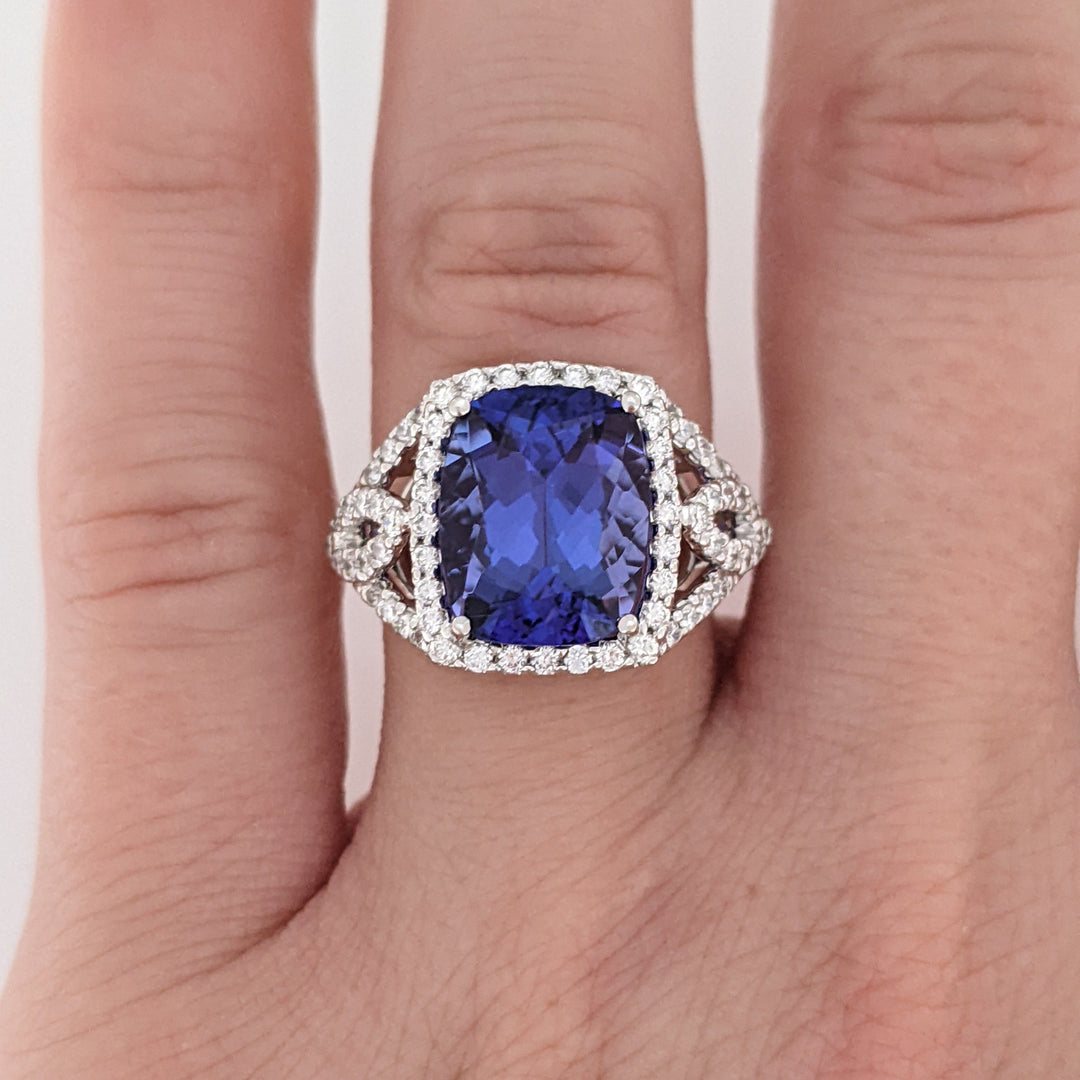 14K WHITE TANZANITE "AA" CUSHION CUT 9X11 WITH .52 DIAMOND TOTAL WEIGHT ESTATE RING 5.3 GRAMS