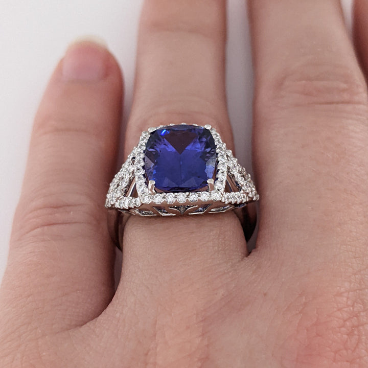 14K WHITE TANZANITE "AA" CUSHION CUT 9X11 WITH .52 DIAMOND TOTAL WEIGHT ESTATE RING 5.3 GRAMS