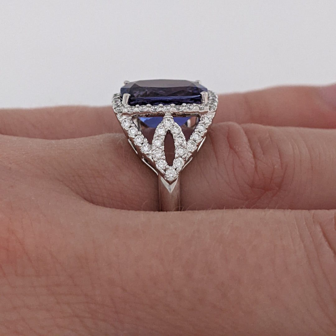 14K WHITE TANZANITE "AA" CUSHION CUT 9X11 WITH .52 DIAMOND TOTAL WEIGHT ESTATE RING 5.3 GRAMS