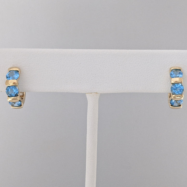 14K BLUE TOPAZ ROUND (6) 4MM BAR SET ESTATE HOOP EARRINGS 3.0 GRAMS