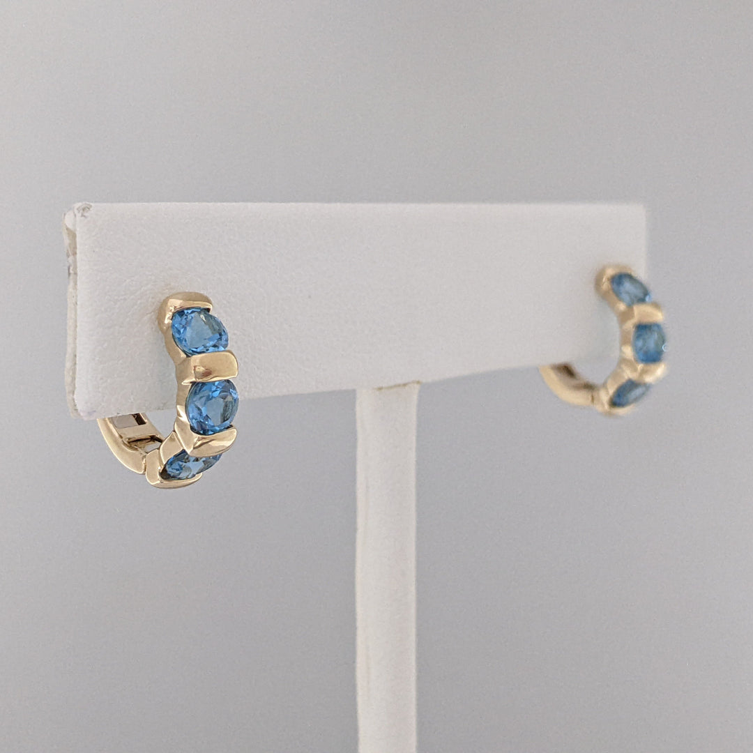 14K BLUE TOPAZ ROUND (6) 4MM BAR SET ESTATE HOOP EARRINGS 3.0 GRAMS