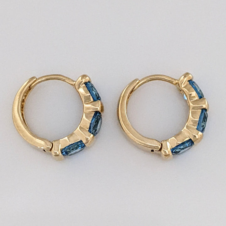 14K BLUE TOPAZ ROUND (6) 4MM BAR SET ESTATE HOOP EARRINGS 3.0 GRAMS
