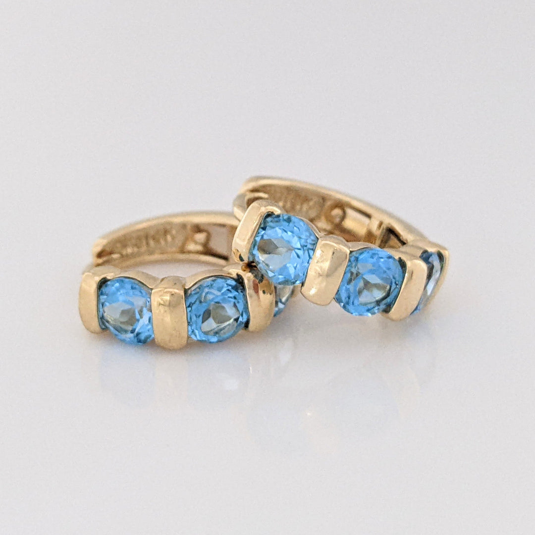14K BLUE TOPAZ ROUND (6) 4MM BAR SET ESTATE HOOP EARRINGS 3.0 GRAMS