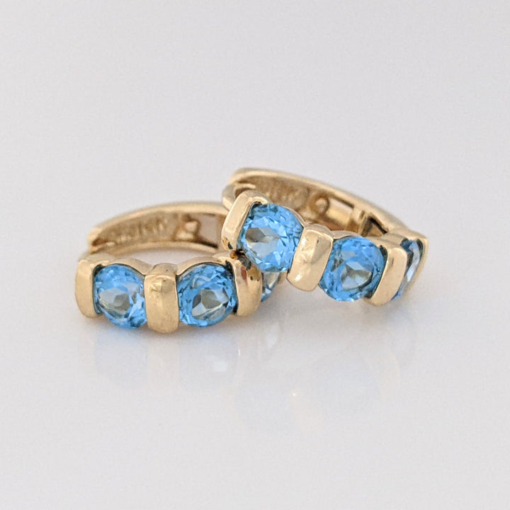 14K BLUE TOPAZ ROUND (6) 4MM BAR SET ESTATE HOOP EARRINGS 3.0 GRAMS