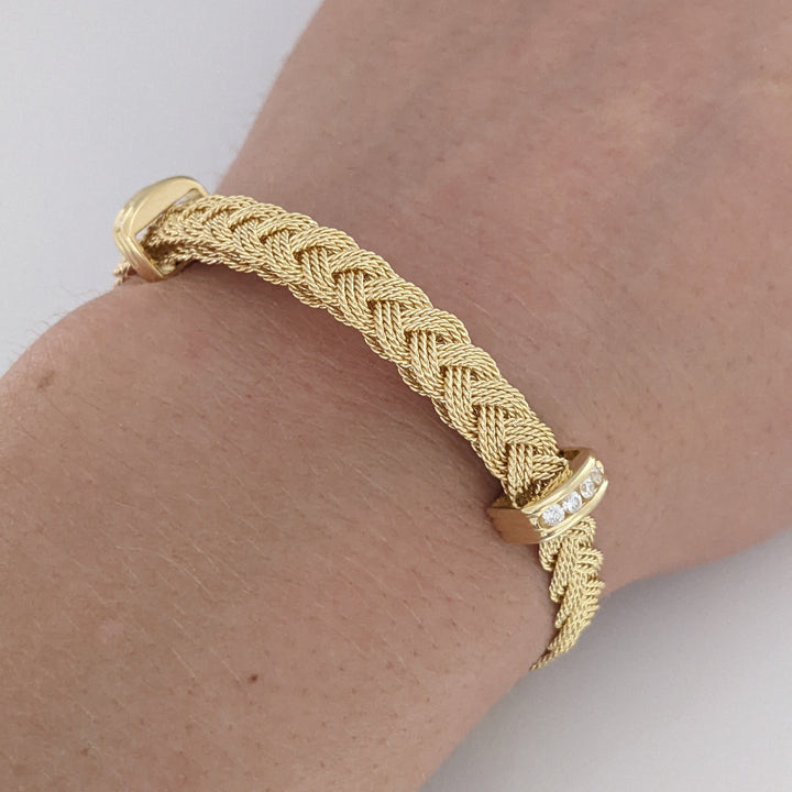 14K DIAMOND ROUND (8) END TABS WOVEN FLEXIBLE ESTATE BRACELET 11.8 GRAMS