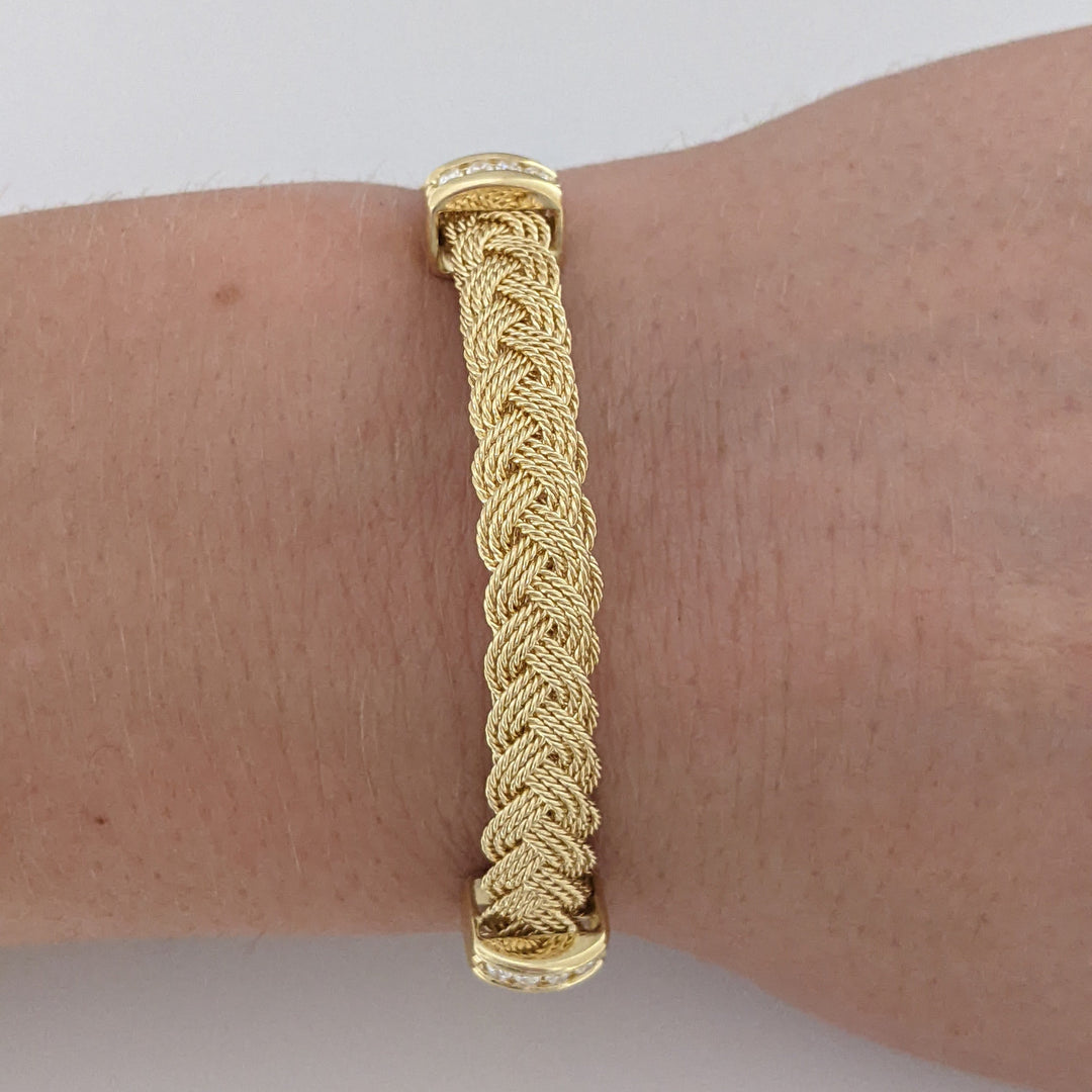 14K DIAMOND ROUND (8) END TABS WOVEN FLEXIBLE ESTATE BRACELET 11.8 GRAMS
