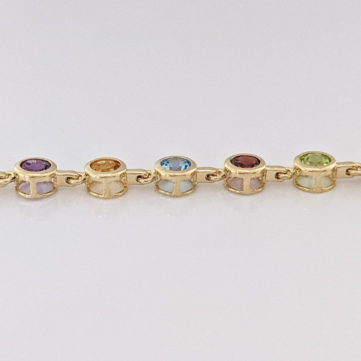 14K PERIDOT, AMETHYST, CITRINE, BLUE TOPAZ, GARNET ROUND 4MM (20) BEZEL ESTATE BRACELET 7.0 GRAMS