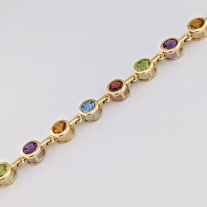 14K PERIDOT, AMETHYST, CITRINE, BLUE TOPAZ, GARNET ROUND 4MM (20) BEZEL ESTATE BRACELET 7.0 GRAMS