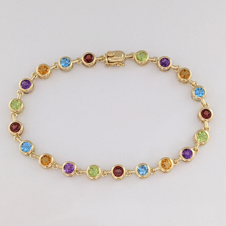 14K PERIDOT, AMETHYST, CITRINE, BLUE TOPAZ, GARNET ROUND 4MM (20) BEZEL ESTATE BRACELET 7.0 GRAMS