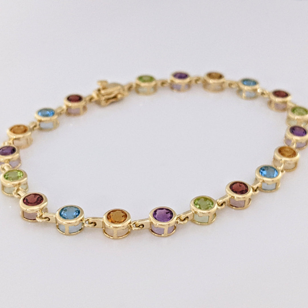 14K PERIDOT, AMETHYST, CITRINE, BLUE TOPAZ, GARNET ROUND 4MM (20) BEZEL ESTATE BRACELET 7.0 GRAMS