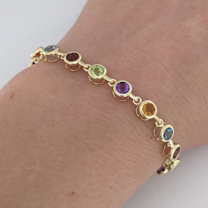 14K PERIDOT, AMETHYST, CITRINE, BLUE TOPAZ, GARNET ROUND 4MM (20) BEZEL ESTATE BRACELET 7.0 GRAMS