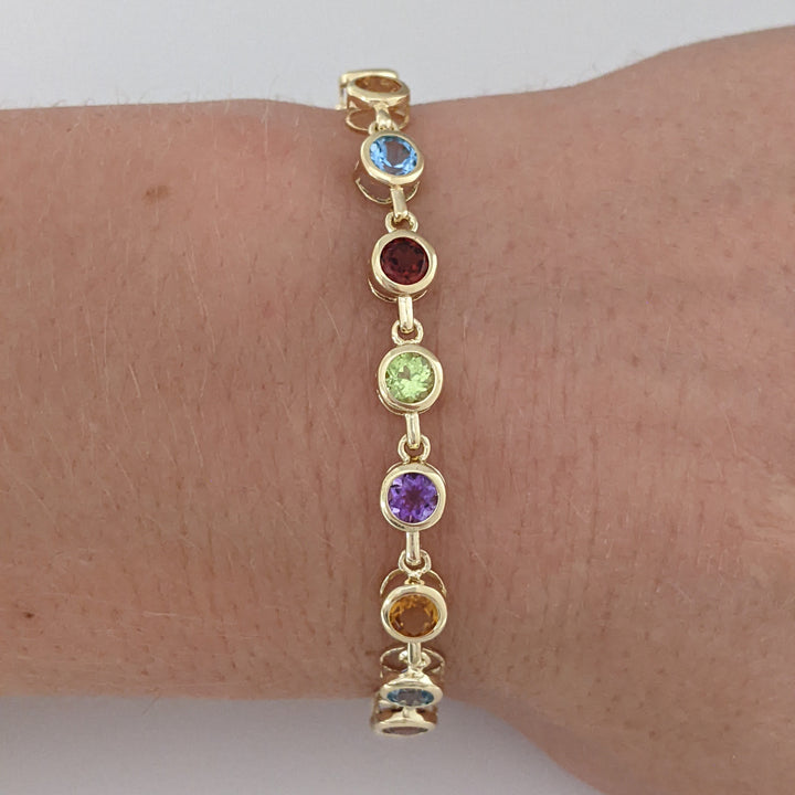 14K PERIDOT, AMETHYST, CITRINE, BLUE TOPAZ, GARNET ROUND 4MM (20) BEZEL ESTATE BRACELET 7.0 GRAMS