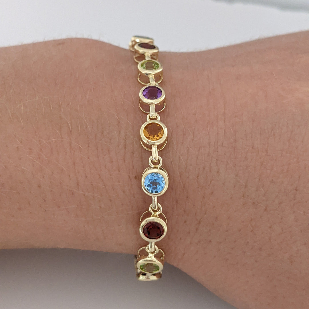 14K PERIDOT, AMETHYST, CITRINE, BLUE TOPAZ, GARNET ROUND 4MM (20) BEZEL ESTATE BRACELET 7.0 GRAMS