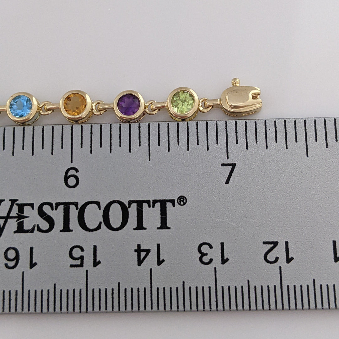 14K PERIDOT, AMETHYST, CITRINE, BLUE TOPAZ, GARNET ROUND 4MM (20) BEZEL ESTATE BRACELET 7.0 GRAMS