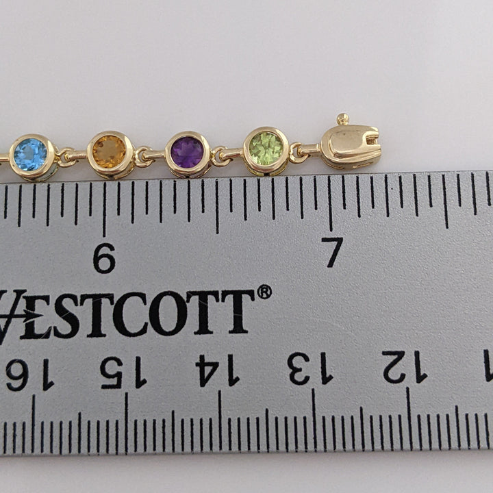 14K PERIDOT, AMETHYST, CITRINE, BLUE TOPAZ, GARNET ROUND 4MM (20) BEZEL ESTATE BRACELET 7.0 GRAMS